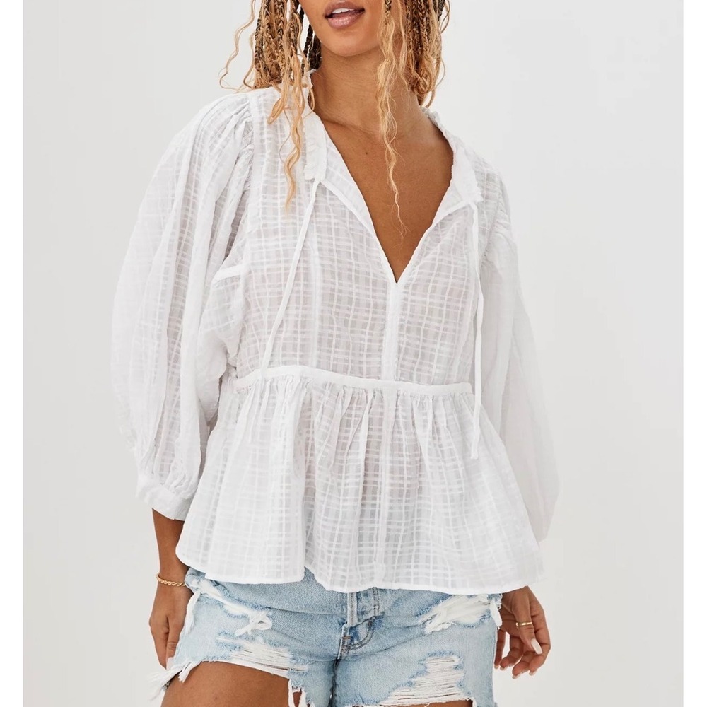 American Eagle White Peasant Blouse Boho‎ Long Sleeve Tie Neck Babydoll Top XS